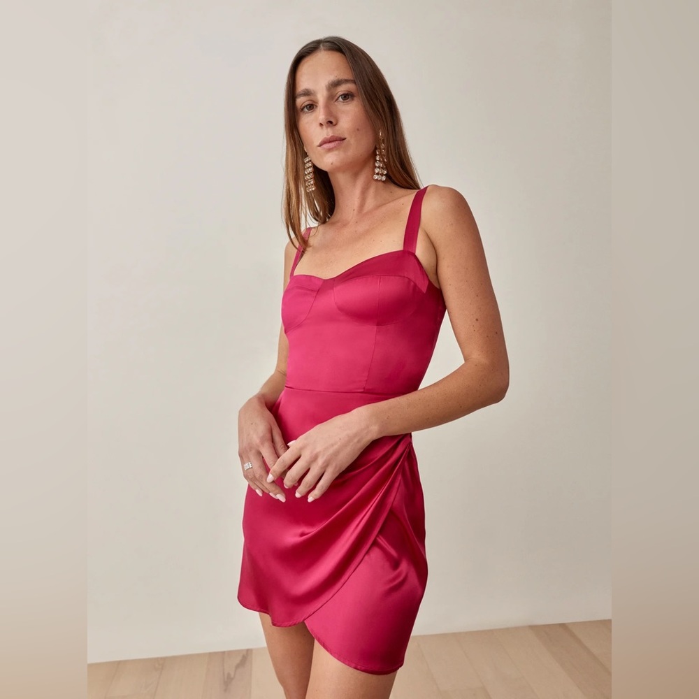 Reformation Fuchsia Pink Satin Mini Dress with Draped Tulip Skirt